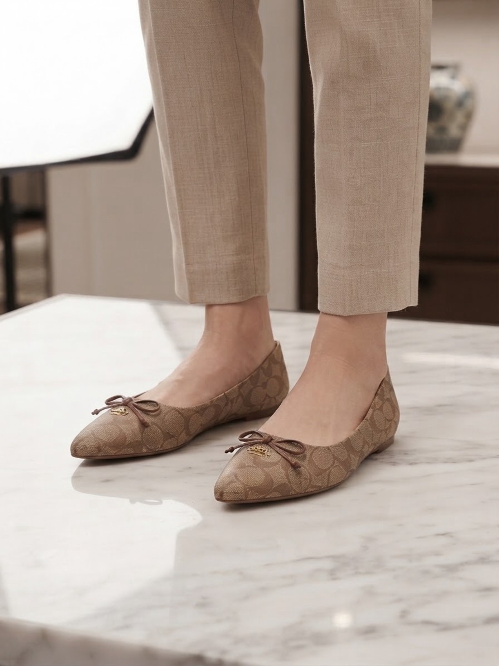 Coach Tan Signature Jacquard Pointed-Toe Ballet Flat